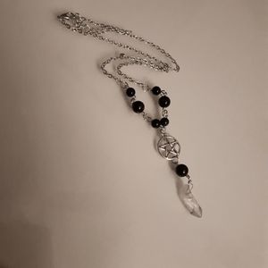 Wicca pagan pentagram black bead crystal look silver color clasp necklace